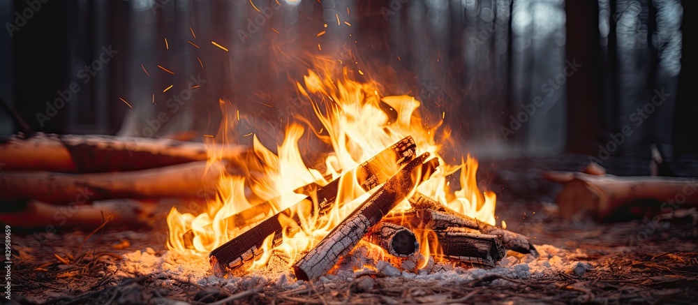 Poster campfire with flames burning in the forest creating a captivating copy space image with the texture 