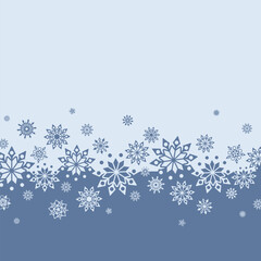 Square banner with white and blue Christmas symbols. Christmas snowflakes. Winter background with place for text.
