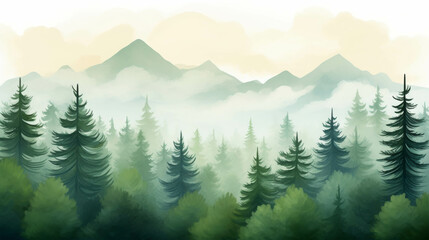 Fototapeta premium Serene landscape of a misty pine forest with mountains in the distance, perfect for nature backgrounds and peaceful scenery.