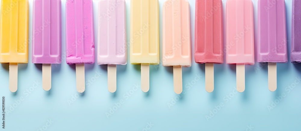 Poster ice cream sticks arranged on a soft pastel background with ample copy space image available