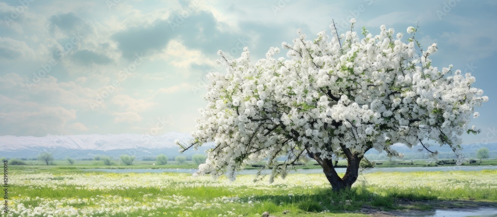 Poster spring landscape featuring white apple tree flowers in a serene setting with copy space image