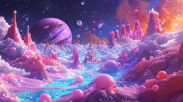 A surreal illustration of a bubblegum planet floating in space, with gumdrop mountains and candy cane forests, inhabited by whimsical creatures blowing bubbles that float off into the galaxy,