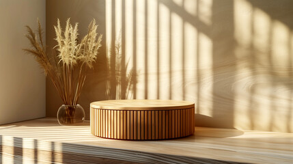 A modern 3D mockup showcasing a natural wood podium with a curved silhouette, ideal for highlighting a single, unique cosmetic product