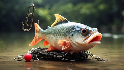 Rubber fish with fishing hook as fishing bait