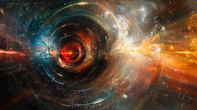 Dive into the realm of theoretical physics, visually depicting abstract concepts like string theory and parallel universes through a mesmerizing blend of digital art and scientific diagrams.