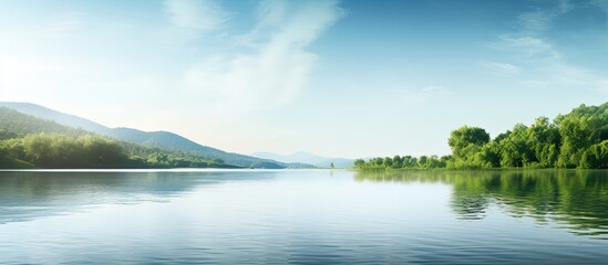 Tranquil lake scene with gentle ripples trees in the distance and a serene atmosphere on a summer day with a light breeze perfect as a copy space image - Powered by Adobe