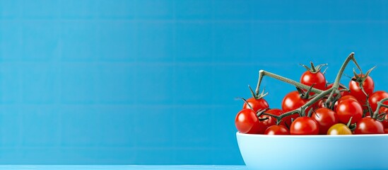 Blue background with a bowl of fresh cherry tomatoes featuring copy space image