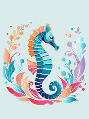 Seahorse with floral pattern on the blue background