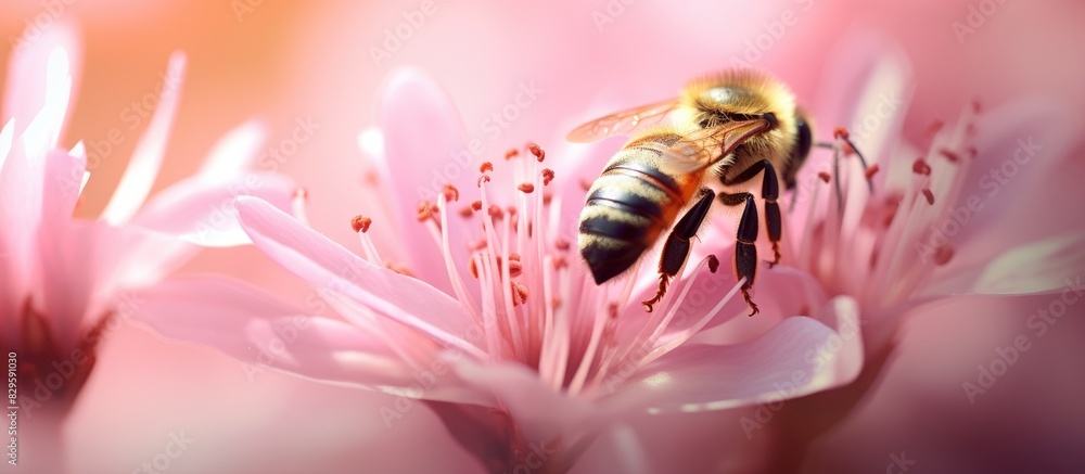 Poster close up of a bee resting on a pink flower with room for text or additional images around it also kn