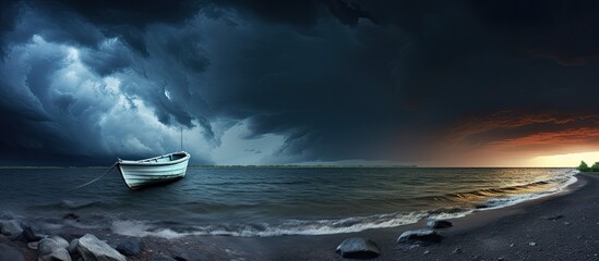 A boat rests on the tranquil seashore with a dramatic storm approaching in the background creating a sense of impending danger in the copy space image