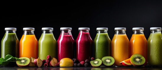 Vibrant smoothies and juices in bottles displayed on a dark stone surface with ample copy space...