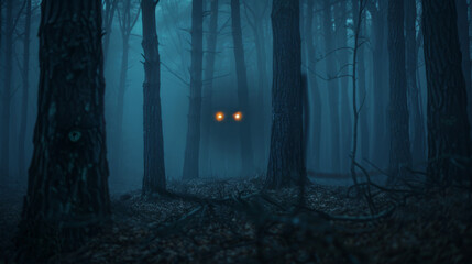 mysterious Halloween night with a dark forest, eerie glowing eyes, and a full moon, spooky scene is perfect for haunted house themes, ghost stories, and eerie atmospheres