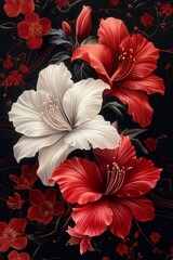 Red and White Flowers on Black Background