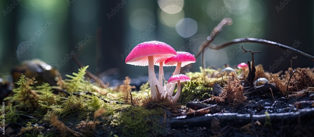 Poster a vibrant pink mushroom stands out by itself in the forest creating a captivating copy space image