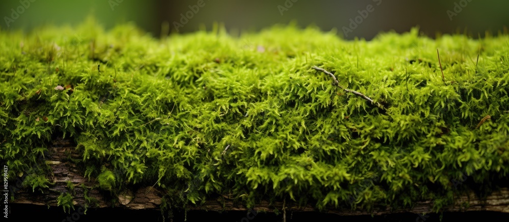 Poster close up texture of green moss on forest ground with tree bark turf foliage and lichen creating a de