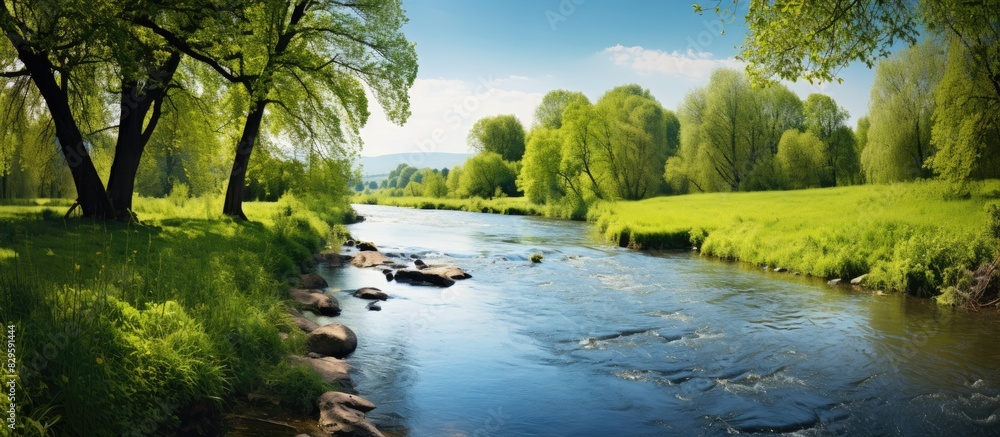 Poster scenic springtime landscape with a tranquil river surrounded by lush trees and a serene atmosphere i