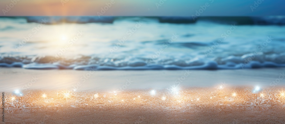 Aufkleber sandy beach and ocean waves with bokeh lights create a scenic background image with copy space