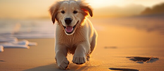 Golden retriever pup joyfully frolicking on sandy beach with copy space image - Powered by Adobe