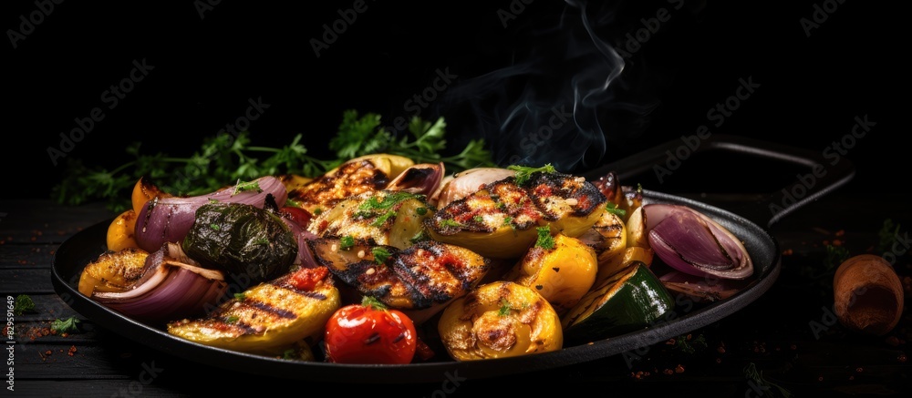 Poster grilled vegetables with seasonings in a pan on a black rustic backdrop with copy space image availab