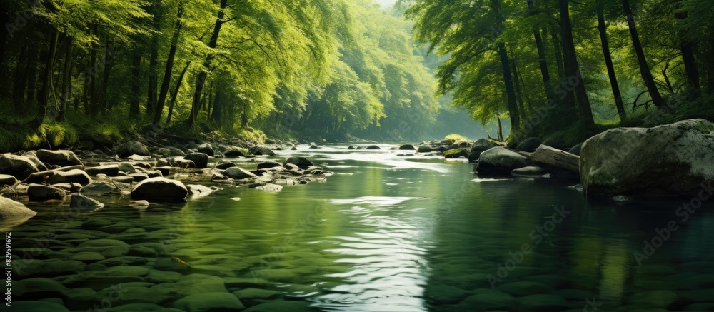 Poster a serene river flowing through a dense forest with a vast expanse of copy space image