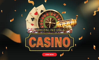 This image features a colorful online casino banner with playing cards, a roulette wheel, slot machine, and dice Confetti and a Join Now button are visible
