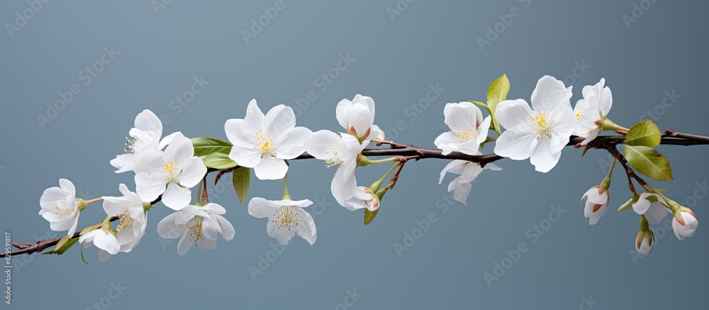 Poster a branch showcasing two white flowers blossoming with blank space for adding an image. copy space im