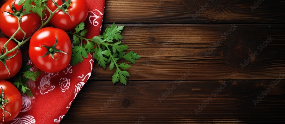 Poster top view of red tomatoes on a plate placed on a wooden table covered with a tablecloth accompanied b