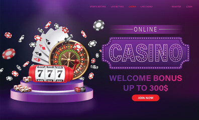 An eye-catching online casino ad with a roulette wheel, poker chips, slots, and a welcome bonus message
