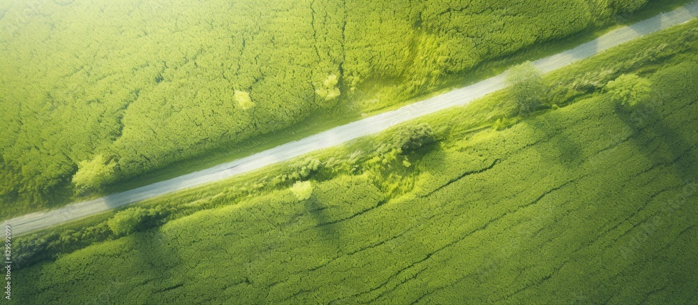 Poster aerial view of a path winding through vast fields with copy space image