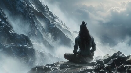 Hindu god Shiva, meditating on Mount Kailasa in the Himalayas 
