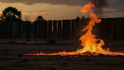 A detailed illustration showcasing the realistic depiction of a fiery blaze in a backyard, with realistic flames casting a warm glow against the dusk sky