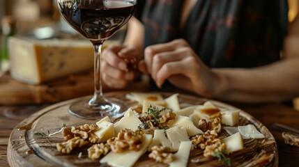 Fototapeta premium A woman is holding a plate of cheese and nuts alongside a glass of wine