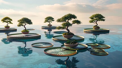 A pool with a floating island of giant lily pads, each supporting a small bonsai tree