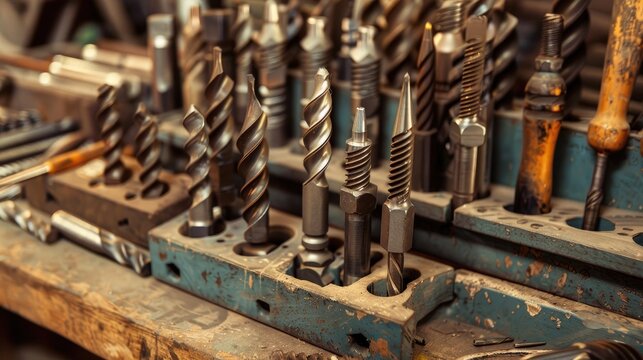 Stock photos of drill bit sets with spiral drilling tools
