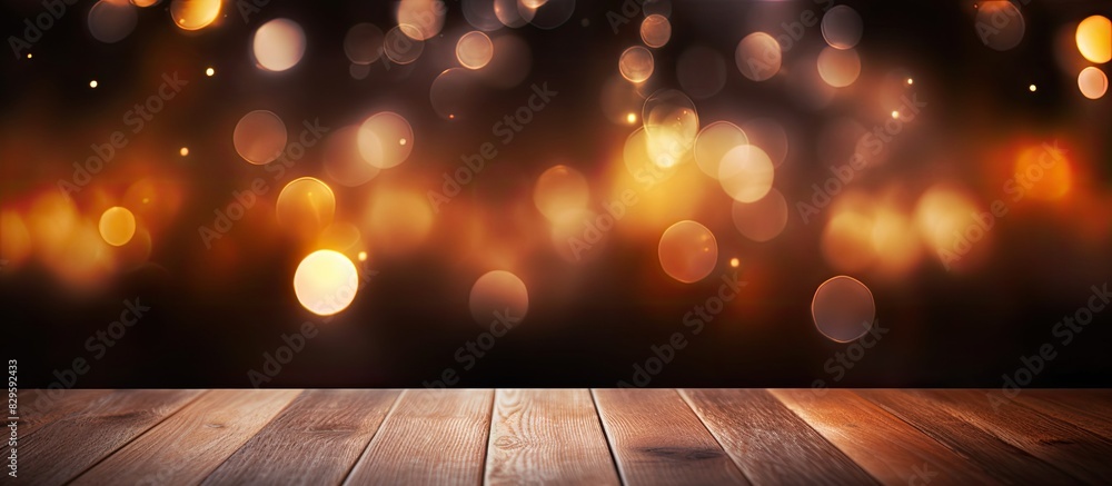 Poster use a wood table as a backdrop for your products with a bokeh light abstract background to create a 