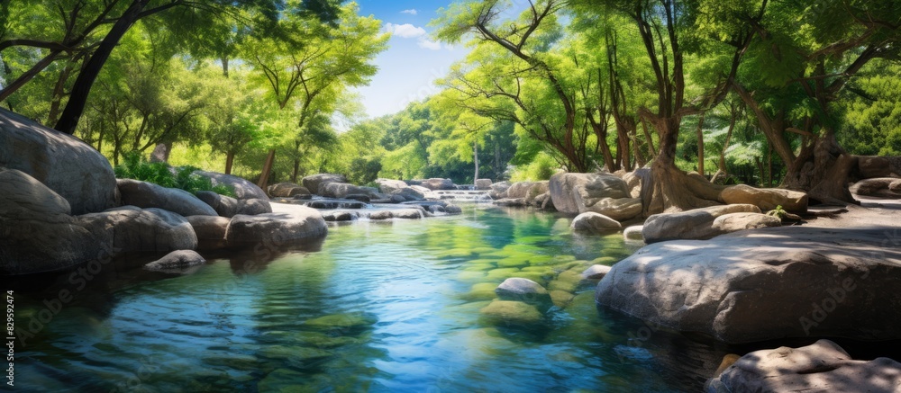 Aufkleber scenic view of a tranquil blue stream adorned with rocks and lush green trees in a lovely garden set