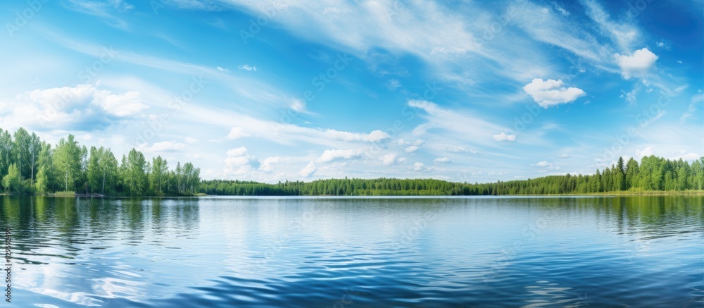 Poster summer lake in the northern region with a calm water surface reflecting the sky offering a serene se