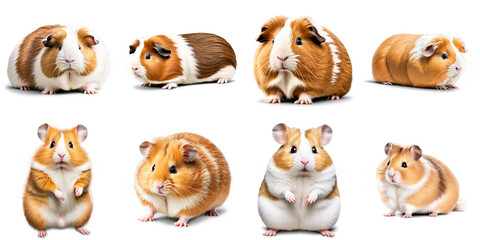 Fototapeta premium A set of six different guinea pigs and hamsters in various poses, PNG with transparent background, AI