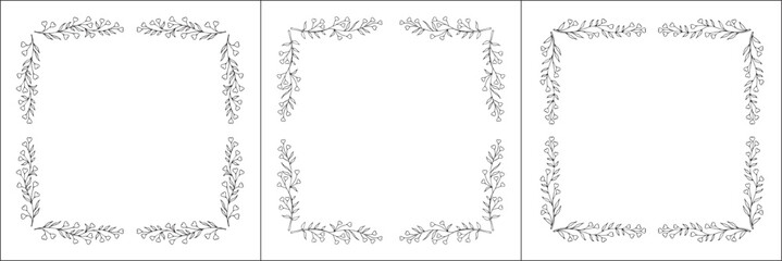 Set of three vegetal vector frames with cute heart-shqped leaves. Black and white. Vector frame for all sizes and formats. Isolated vector illustration.	