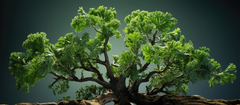 Cnidoscolus aconitifolius commonly called Mexican kale or chaya tree is a nutrient rich plant aiding in detoxification and packed with calcium iron and antioxidants as depicted in the copy space imag