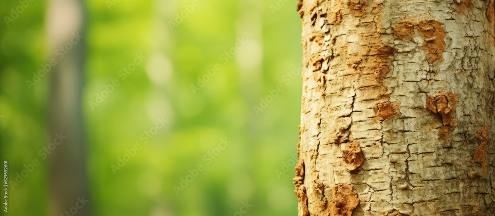 Aufkleber bark of a european forest tree depicted as a summer themed bright background with a blurred forest s
