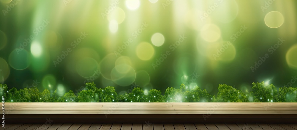 Aufkleber blurry curtain backdrop and green garden abstract reflections with sunlight on an empty wooden table