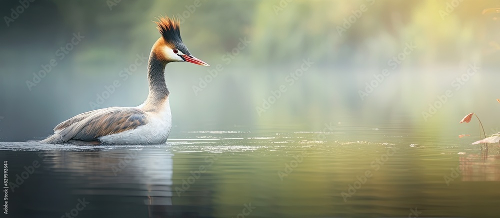 Poster a beautiful bird known as the great crested grebe podiceps cristatus is elegantly displayed in a ser