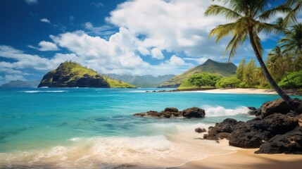 Fototapeta premium A beautiful beach with a palm tree in the background