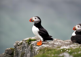 Fototapeta premium Puffin perched on a cliff.