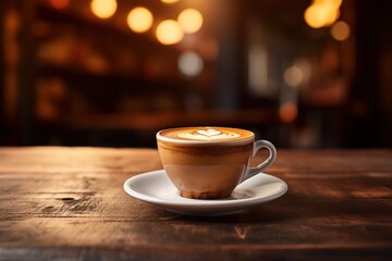 Obraz premium cup of coffee with latte art on a wooden table.