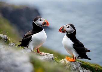 Fototapeta premium Puffin perched on a cliff.