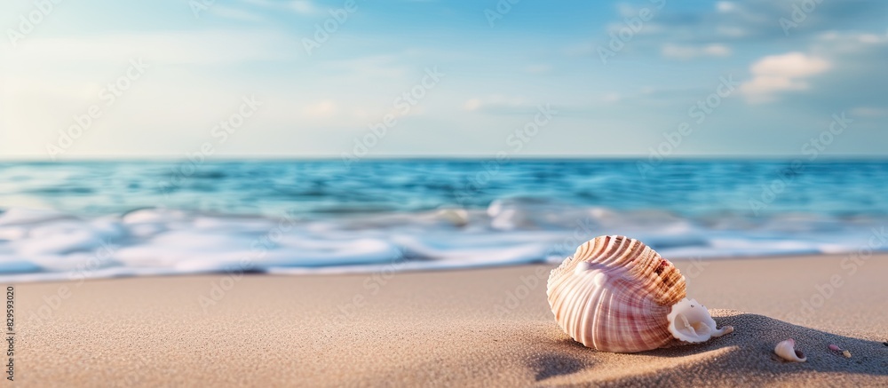 Poster gorgeous seashell on sandy beach with a stunning view in the background for a tranquil and serene co
