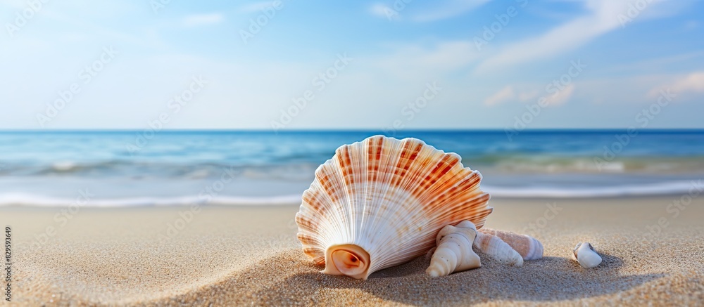Aufkleber gorgeous seashell on sandy beach with a stunning view in the background for a tranquil and serene co