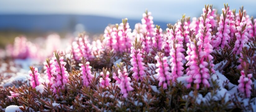 Beautiful evergreen shrub with pink white magenta and lilac flowers blooming in winter known as Calluna vulgaris or common heather ling or simply heather Close up copy space image in North Europe